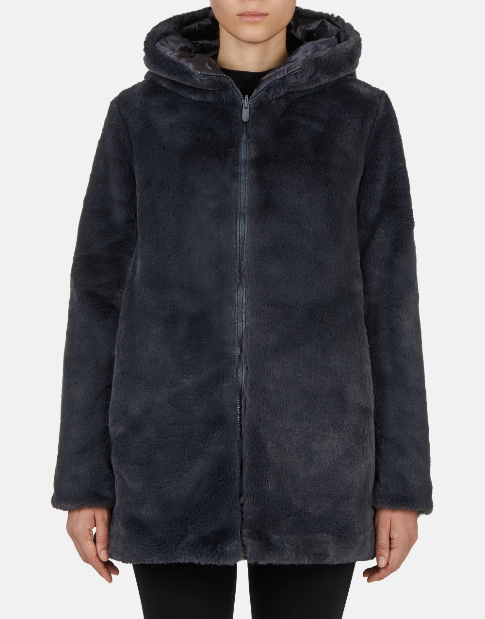 Furry Hooded Reversible Coat - Black