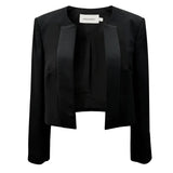 Cropped Satin Lapel Blazer - Black
