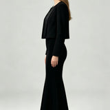 Cropped Satin Lapel Blazer - Black