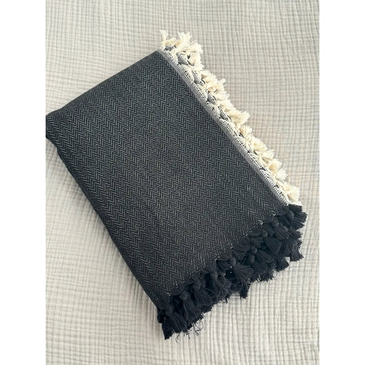 Black with Cream Trim Tassels Throw Blanket