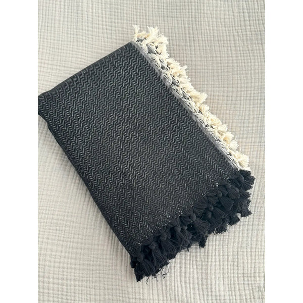 Black with Cream Trim Tassels Throw Blanket
