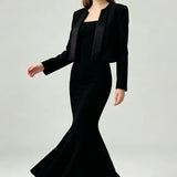 Cropped Satin Lapel Blazer - Black
