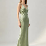 Satin Acetate Slip Maxi Dress - Green