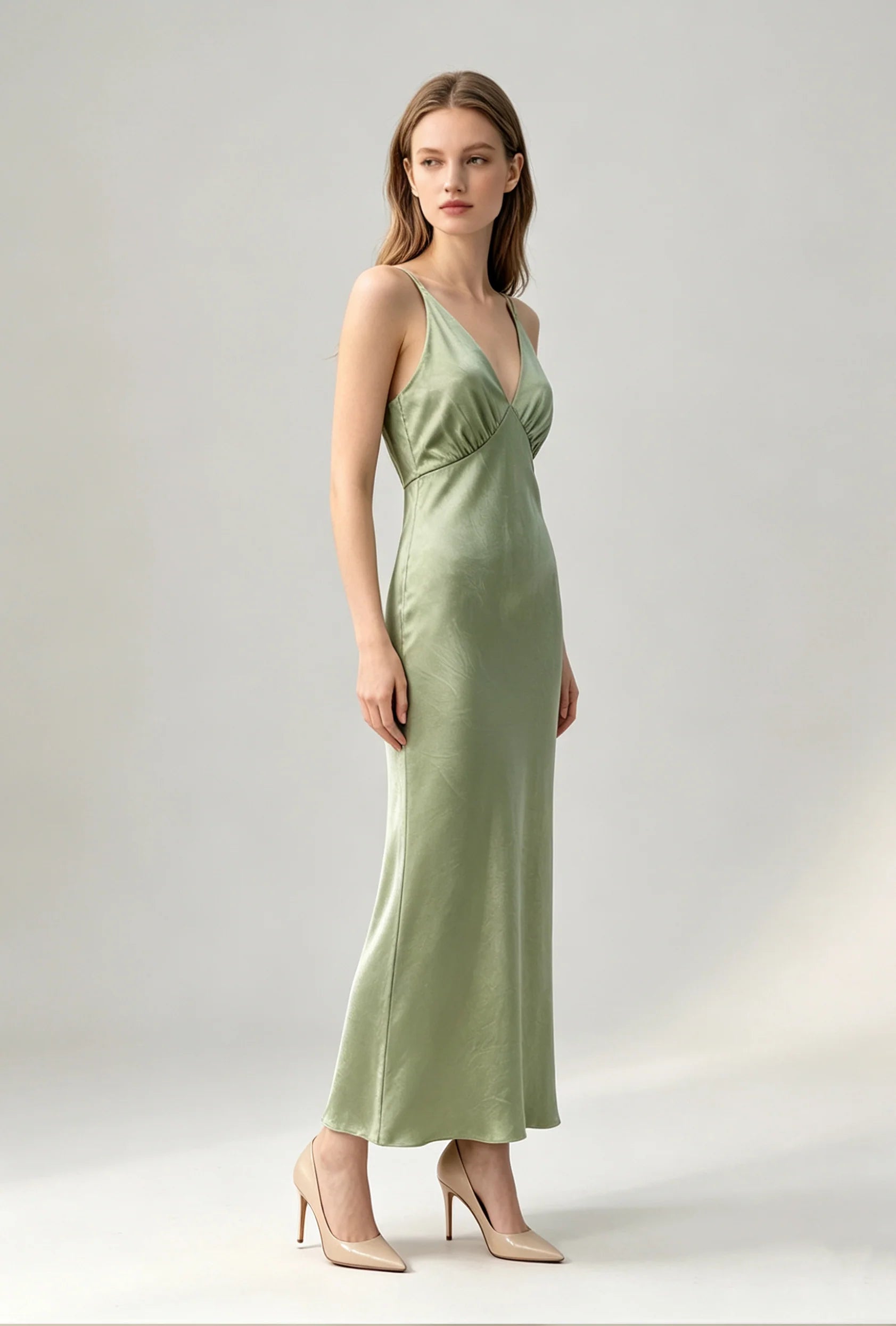 Satin Acetate Slip Maxi Dress - Green