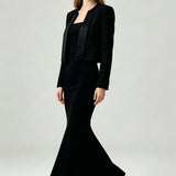 Cropped Satin Lapel Blazer - Black