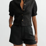 Montauk Puffed Sleeve Shirt - Black Linen
