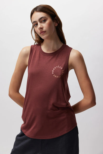 Practice Gratitude Double Twist Tank- Washed Burgundy