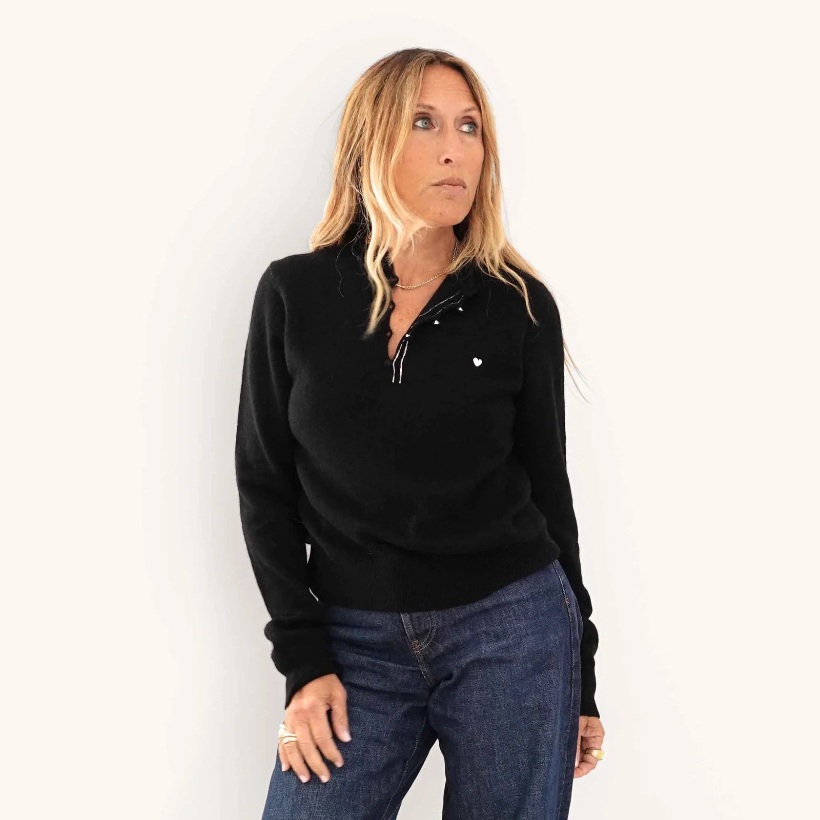 Femme Ruffle Henley Sweater - Black