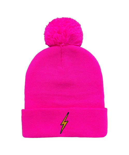 Bolt Pom Pom Rib Beanie- Neon Pink