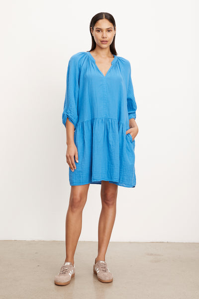 Nica - Cotton Gauze V-neck Dress - Dolphin