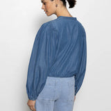 Tie Front Volume Blouse-Blue Slate