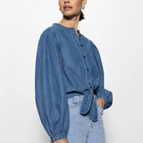 Tie Front Volume Blouse-Blue Slate