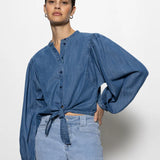 Tie Front Volume Blouse-Blue Slate