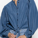 Tie Front Volume Blouse-Blue Slate