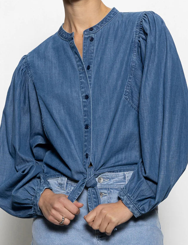 Tie Front Volume Blouse - Blue Slate