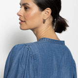 Tie Front Volume Blouse-Blue Slate