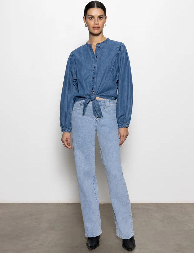 Tie Front Volume Blouse - Blue Slate