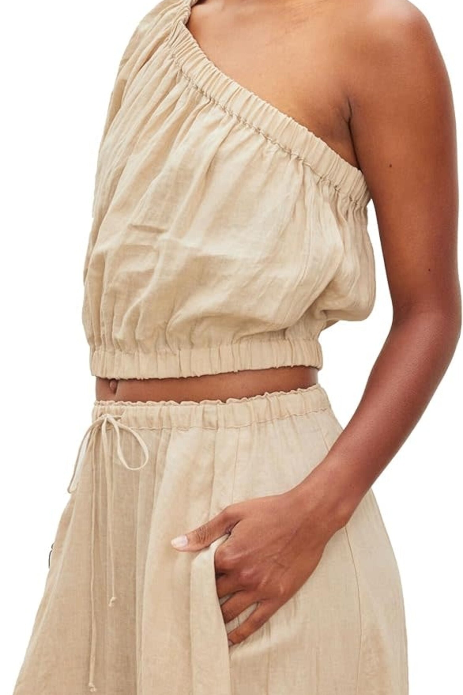 Laleen Linen One Shoulder Top - Biscuit