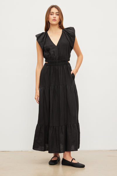 Ginger Linen Cut Out Tiered  Dress - Black