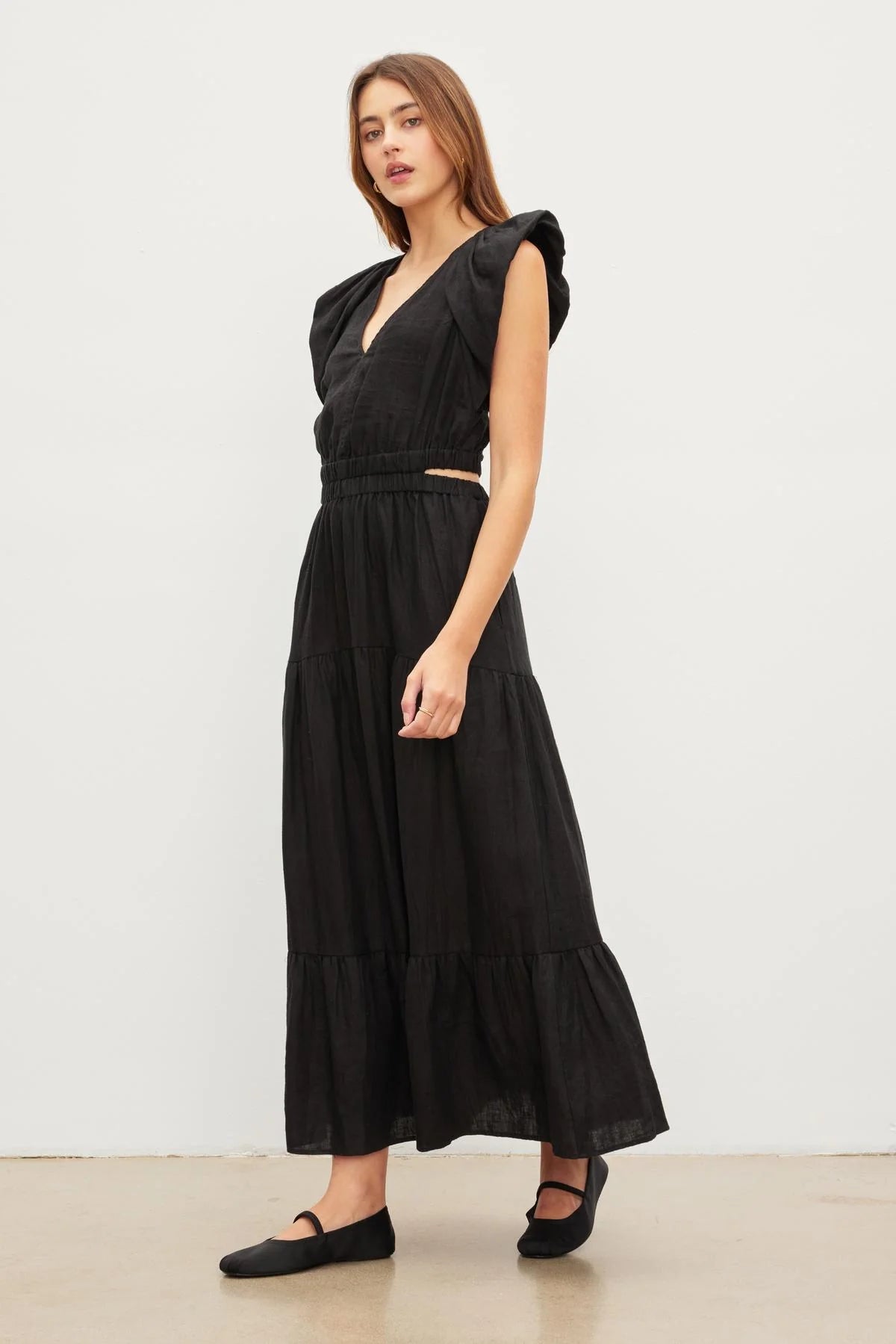 Ginger Linen Cut Out Tiered  Dress - Black