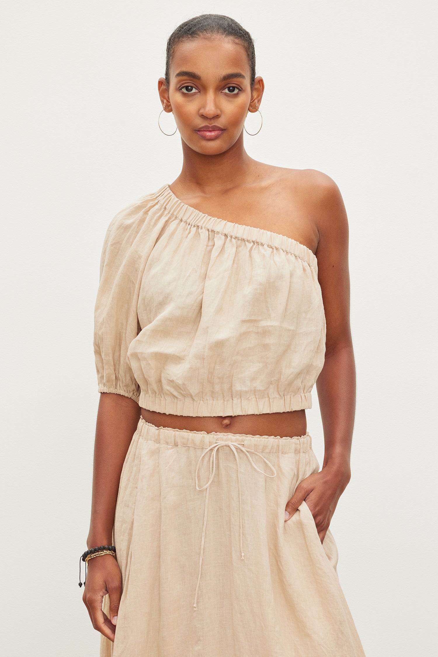 Laleen Linen One Shoulder Top - Biscuit