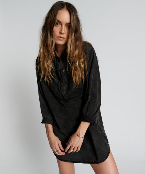 Blackout Tuxedo Shirt Dress- Black Acid
