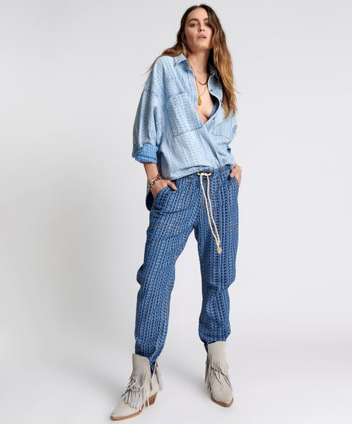On Repeat Shabbies Drawstring Boyfriend Jeans - Dark Blue