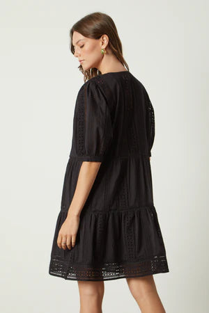 Margaret Embroidered Cotton Dress- Black