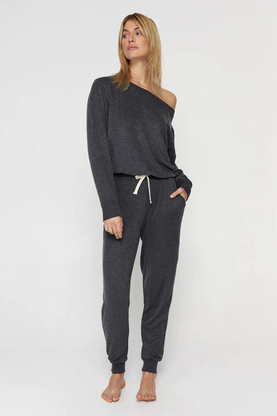 Off Shoulder Jumpsuit- Heather Vintage Black