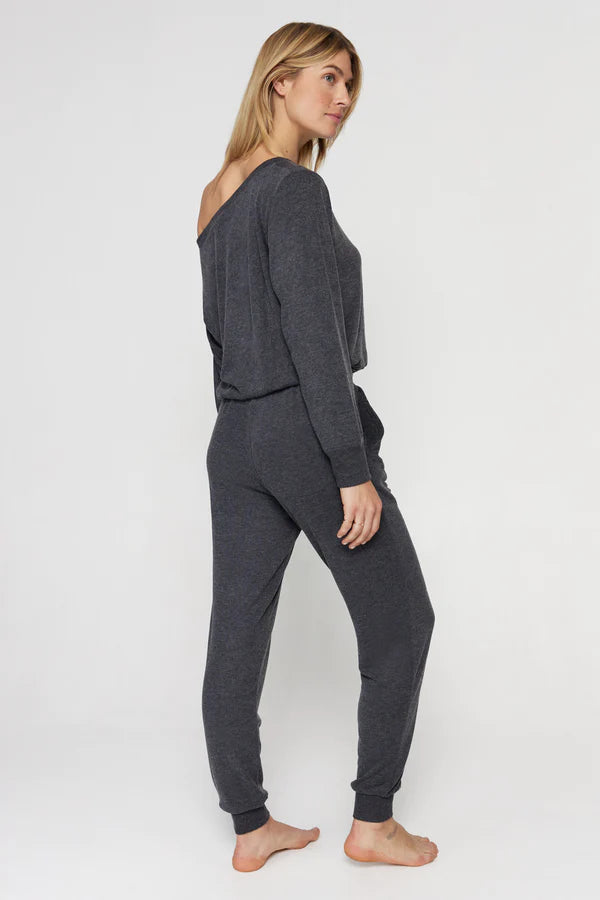 Off Shoulder Jumpsuit- Heather Vintage Black