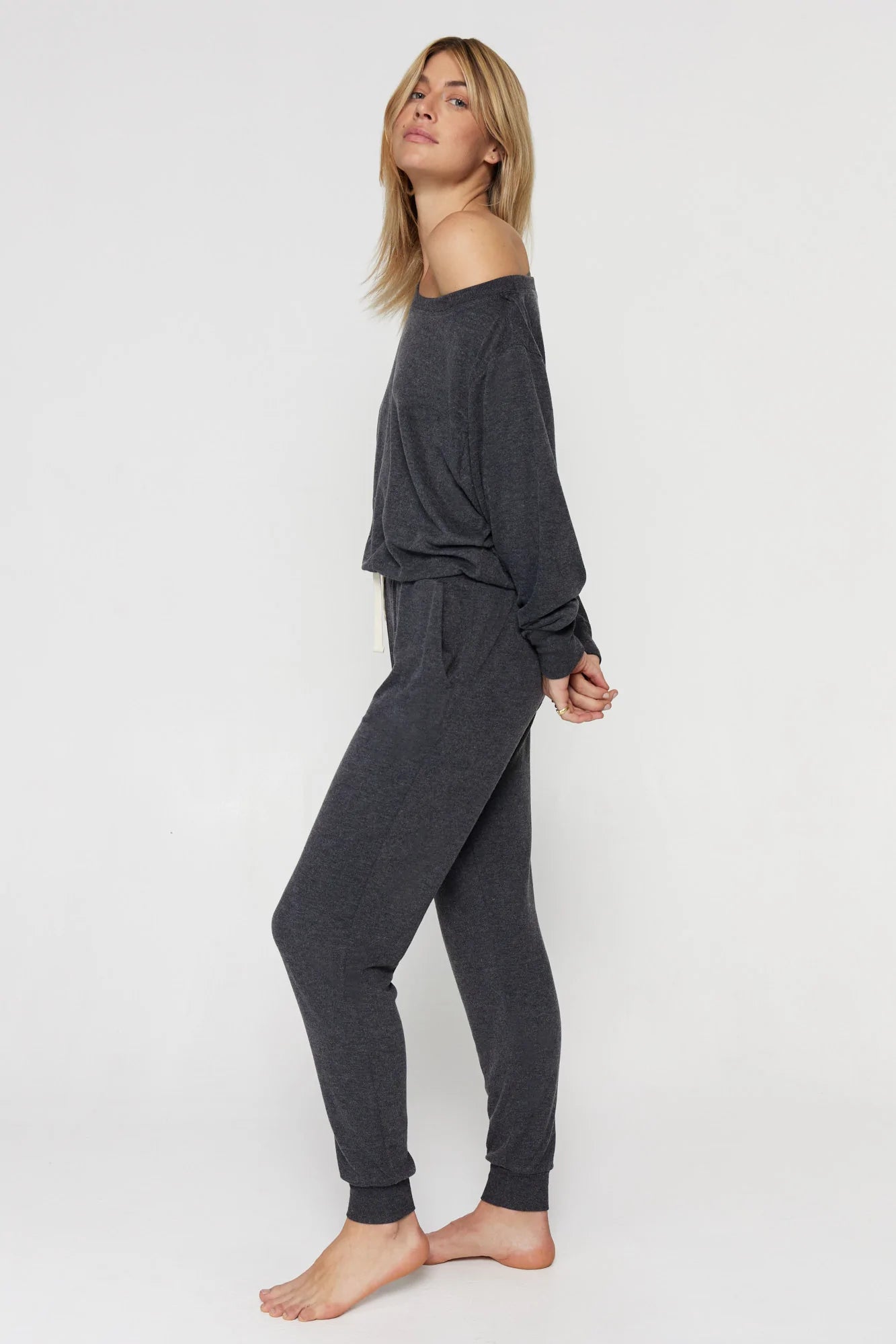 Off Shoulder Jumpsuit- Heather Vintage Black